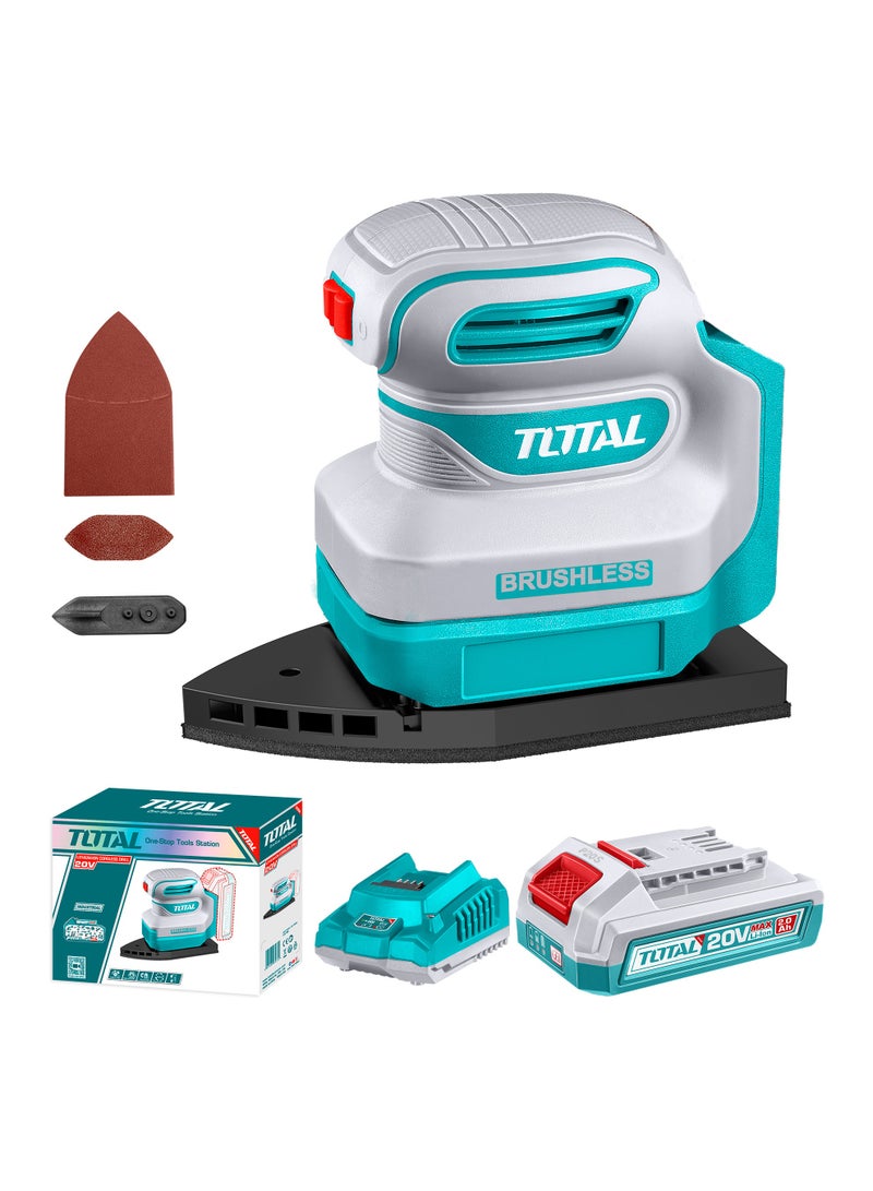 TOTAL 20V Brushless Cordless Palm Sander - 12000RPM High-Speed Detail Sander with Finger Pad Attachment, 2.0Ah Battery & 6-Piece Sandpaper Set - TPSLI20241 - Image 1
