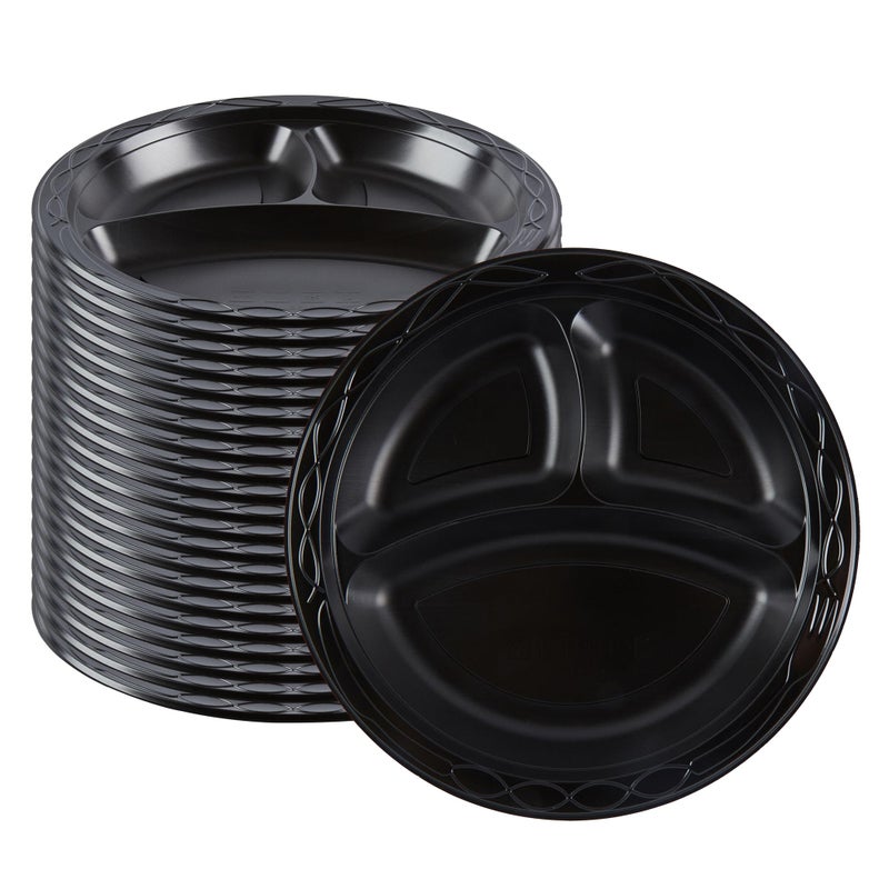 Restaurantware-RW Base 10.4 Inch Microwavable Food Plates  100 Round Plastic Plates - 3 Compartments  Disposable  Black Plastic Dinner Plates  Serve Hot And Cold Foods  For Restaurants And Cafes - Image 1