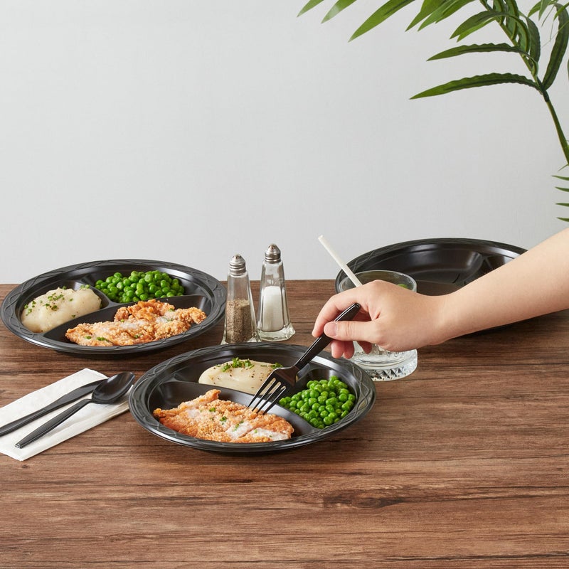 Restaurantware-RW Base 10.4 Inch Microwavable Food Plates  100 Round Plastic Plates - 3 Compartments  Disposable  Black Plastic Dinner Plates  Serve Hot And Cold Foods  For Restaurants And Cafes - Image 5
