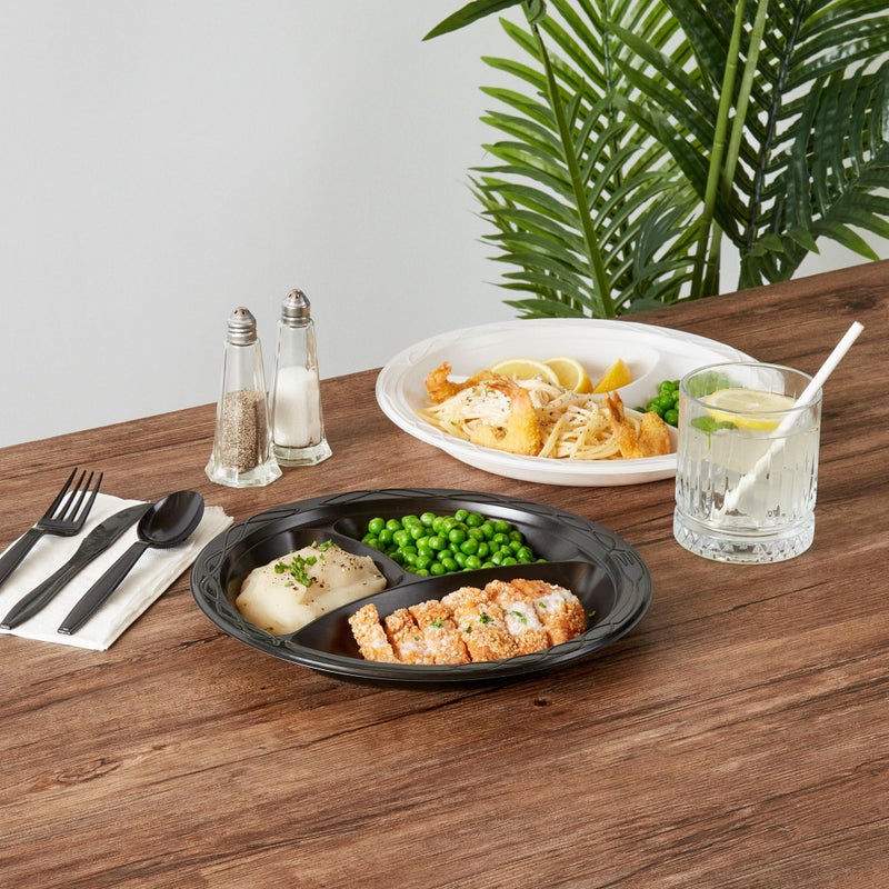Restaurantware-RW Base 10.4 Inch Microwavable Food Plates  100 Round Plastic Plates - 3 Compartments  Disposable  Black Plastic Dinner Plates  Serve Hot And Cold Foods  For Restaurants And Cafes - Image 4