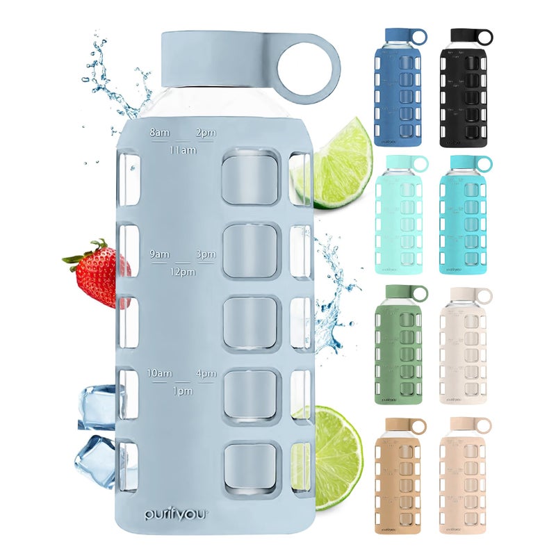purifyou 40oz 32oz 22oz 12oz Borosilicate Glass Water Bottle with Time Volume Markers Silicone Sleeve Stainless Steel Lid Reusable Glass Bottle for Water Juice 22oz Ice Blue