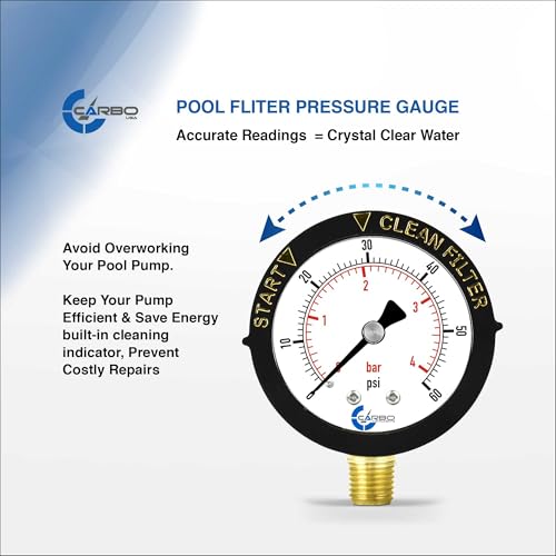 CARBO Instruments Water Pressure Gauge for Swimming Pool Filter, Spa, Aquarium, 60psi Plumbing Clean Filter Indicator with Dual Display & 1/4" NPT Brass Lower Connection with Teflon - Image 2