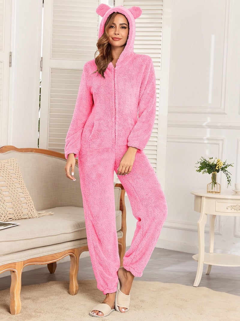 HOTIAN Fleece Onesie Pajamas for Women Fuzzy Sherpa Hooded Romper One Piece Winter Sleepwear Flannel Pajama Jumpsuit(Pink-S) - Image 3