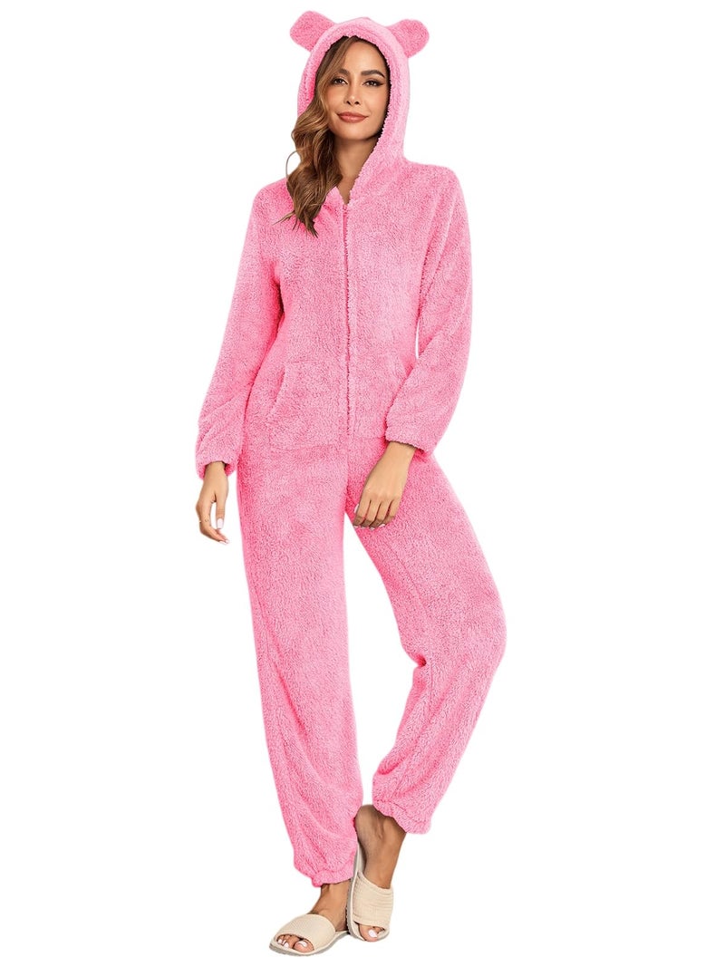 HOTIAN Fleece Onesie Pajamas for Women Fuzzy Sherpa Hooded Romper One Piece Winter Sleepwear Flannel Pajama Jumpsuit(Pink-S) - Image 1