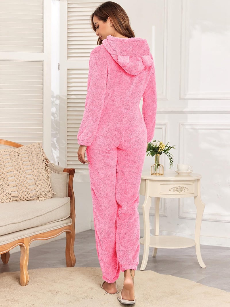 HOTIAN Fleece Onesie Pajamas for Women Fuzzy Sherpa Hooded Romper One Piece Winter Sleepwear Flannel Pajama Jumpsuit(Pink-S) - Image 4