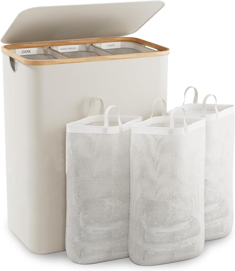 Laundry Basket with Lid, 3 Section Extra Large Laundry Hamper, Divided Laundry Hamper with Removable Bags, for Bathroom, Bedroom(Beige, 140L, 3 Section) - Image 1