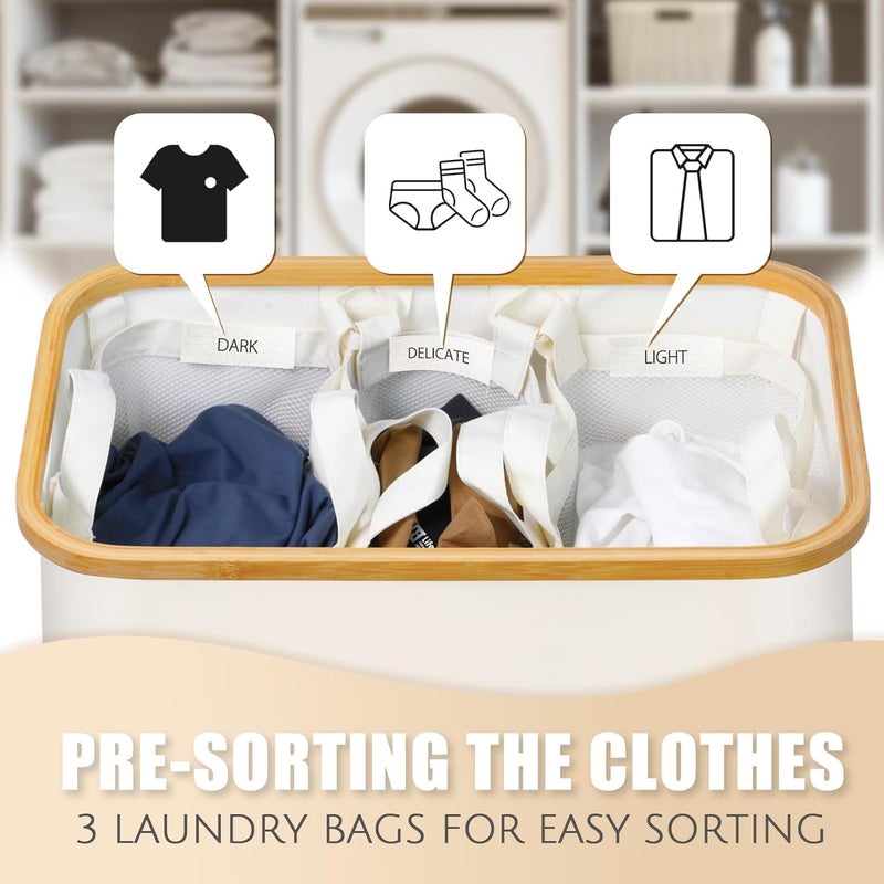 Laundry Basket with Lid, 3 Section Extra Large Laundry Hamper, Divided Laundry Hamper with Removable Bags, for Bathroom, Bedroom(Beige, 140L, 3 Section) - Image 4