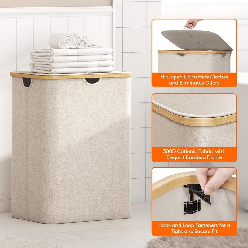 Laundry Basket with Lid, 3 Section Extra Large Laundry Hamper, Divided Laundry Hamper with Removable Bags, for Bathroom, Bedroom(Beige, 140L, 3 Section) - Image 3