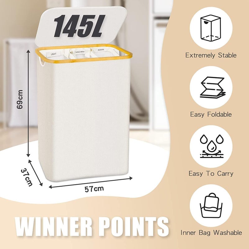 Laundry Basket with Lid, 3 Section Extra Large Laundry Hamper, Divided Laundry Hamper with Removable Bags, for Bathroom, Bedroom(Beige, 140L, 3 Section) - Image 2