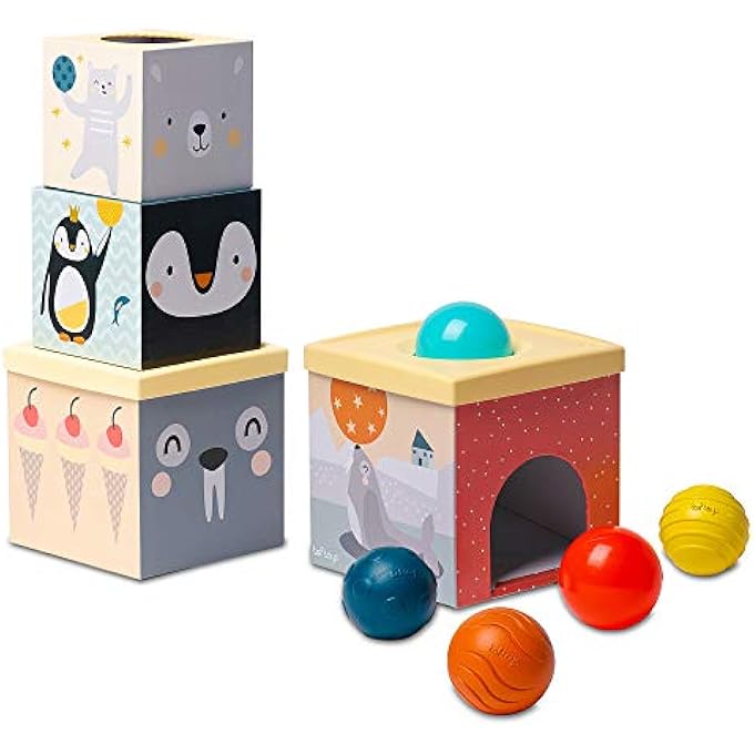BALL DROP STACKER TOY. BABY STACKING TOY FOR TUMMY TIME DEVELOPMENTAL EDUCATIONAL TOY. STACK THE TOWER, DROP AND ROLL TEXTURED SENSORY BALLS. SUITABLE FOR BABY BOYS & GIRLS FROM 6 MONTHS + - Image 1