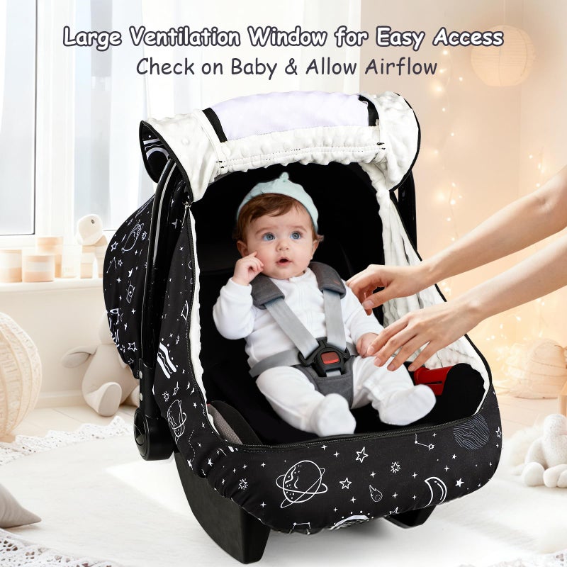 Pea Pod Winter Car Seat Cover Baby with Sunshade & Dual Zipper Windows - Minky Bubble Lined Windproof Soft Shell, Warm Newborn Car Seat Canopy Covers, Elastic Bottom for Stroller & Infant Car Seat, Space - Image 5