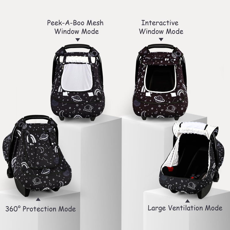 Pea Pod Winter Car Seat Cover Baby with Sunshade & Dual Zipper Windows - Minky Bubble Lined Windproof Soft Shell, Warm Newborn Car Seat Canopy Covers, Elastic Bottom for Stroller & Infant Car Seat, Space - Image 2