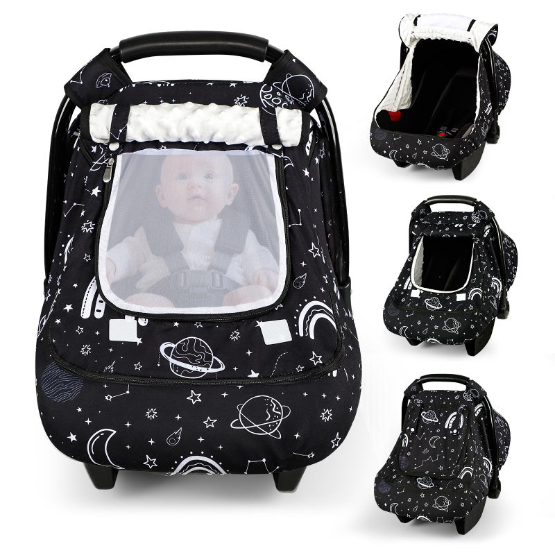 Pea Pod Winter Car Seat Cover Baby with Sunshade & Dual Zipper Windows - Minky Bubble Lined Windproof Soft Shell, Warm Newborn Car Seat Canopy Covers, Elastic Bottom for Stroller & Infant Car Seat, Space - Image 1