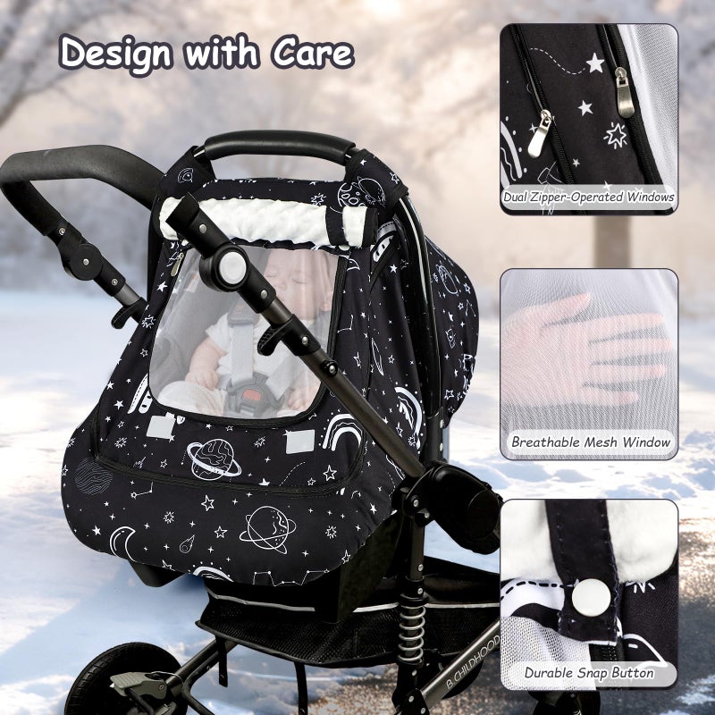 Pea Pod Winter Car Seat Cover Baby with Sunshade & Dual Zipper Windows - Minky Bubble Lined Windproof Soft Shell, Warm Newborn Car Seat Canopy Covers, Elastic Bottom for Stroller & Infant Car Seat, Space - Image 4