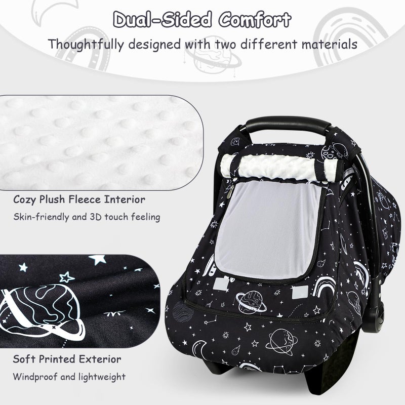 Pea Pod Winter Car Seat Cover Baby with Sunshade & Dual Zipper Windows - Minky Bubble Lined Windproof Soft Shell, Warm Newborn Car Seat Canopy Covers, Elastic Bottom for Stroller & Infant Car Seat, Space - Image 3
