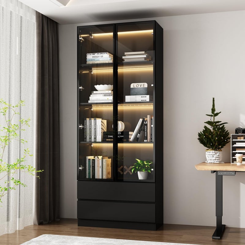 FUNISIR Curio Display Cabinet with Light Storage Shelves with Popup Glass Doors 2 Drawers 3 Color Light Collectibles Cabinet Display Shelf Bookshelf Showcase for Living Room Black wDrawer