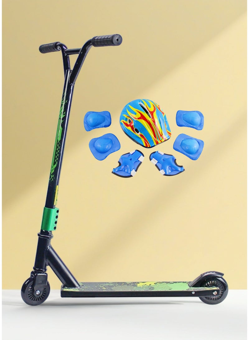 إيزي فيتشور سكوتر حركات بهلوانية احترافي خفيف الوزن من إيزي فيوتشر - عجلتان، عجلات ألومنيوم 110 مم، سطح شريط قبضة، مقبض عريض على شكل حرف T، فرامل فولاذية، سكوتر حركات بهلوانية 360 درجة للمستخدمين المبتدئين والمتوسطين، بما في ذلك مجموعة معدات الحماية الكاملة - Image 1