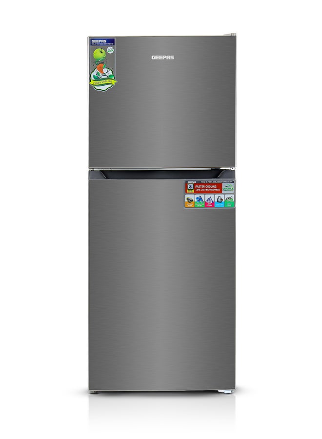 GEEPAS 250L Gross-180L Net Capacity, No Frost Double Door Refrigerator| With Multi Air Flow, Stainless Steel Body, Recessed Handle, Tempered Glass Shelves, Faster And Deep Cooling, LED Internal Lamp, Ice Tray, Egg Tray 260 L GRF2522SXN Grey - Image 1