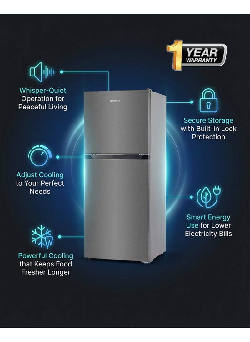 GEEPAS 250L Gross-180L Net Capacity, No Frost Double Door Refrigerator| With Multi Air Flow, Stainless Steel Body, Recessed Handle, Tempered Glass Shelves, Faster And Deep Cooling, LED Internal Lamp, Ice Tray, Egg Tray 260 L GRF2522SXN Grey - Image 4