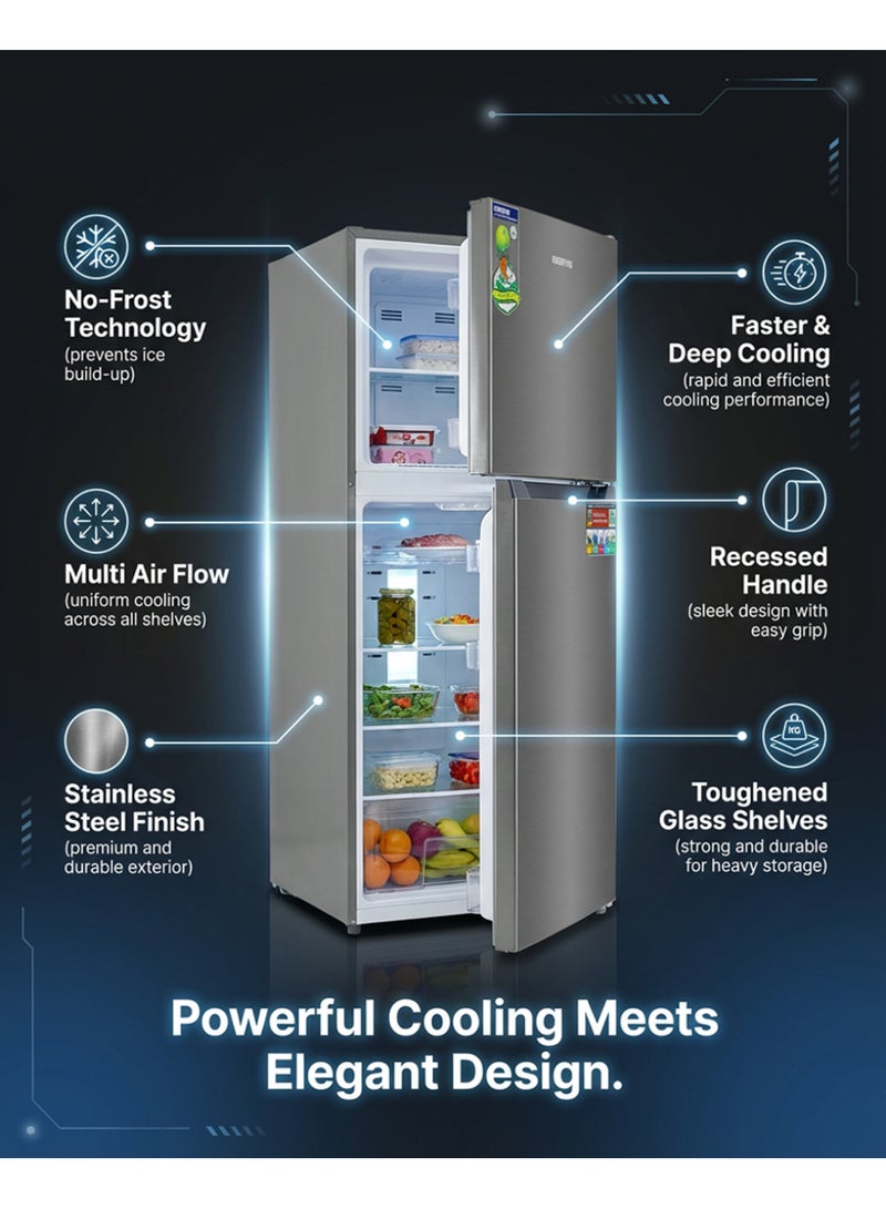 GEEPAS 250L Gross-180L Net Capacity, No Frost Double Door Refrigerator| With Multi Air Flow, Stainless Steel Body, Recessed Handle, Tempered Glass Shelves, Faster And Deep Cooling, LED Internal Lamp, Ice Tray, Egg Tray 260 L GRF2522SXN Grey - Image 5