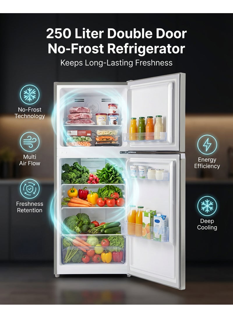 GEEPAS 250L Gross-180L Net Capacity, No Frost Double Door Refrigerator| With Multi Air Flow, Stainless Steel Body, Recessed Handle, Tempered Glass Shelves, Faster And Deep Cooling, LED Internal Lamp, Ice Tray, Egg Tray 260 L GRF2522SXN Grey - Image 2