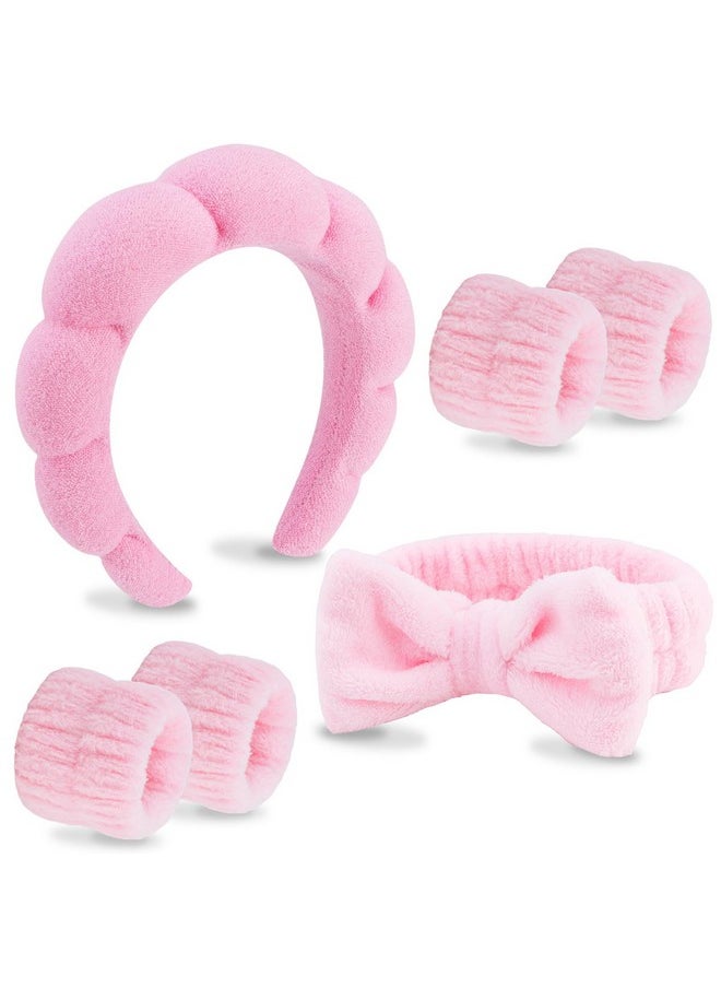Velscrun 6 Pack Spa Headband Makeup Headband Face Wash Headband Skincare Headbands Pink Sponge Hair Band Bow Tie Spa Headband For Washing Face Wristband Set Hair Accessories For Women Girls Gifts  - Image 1
