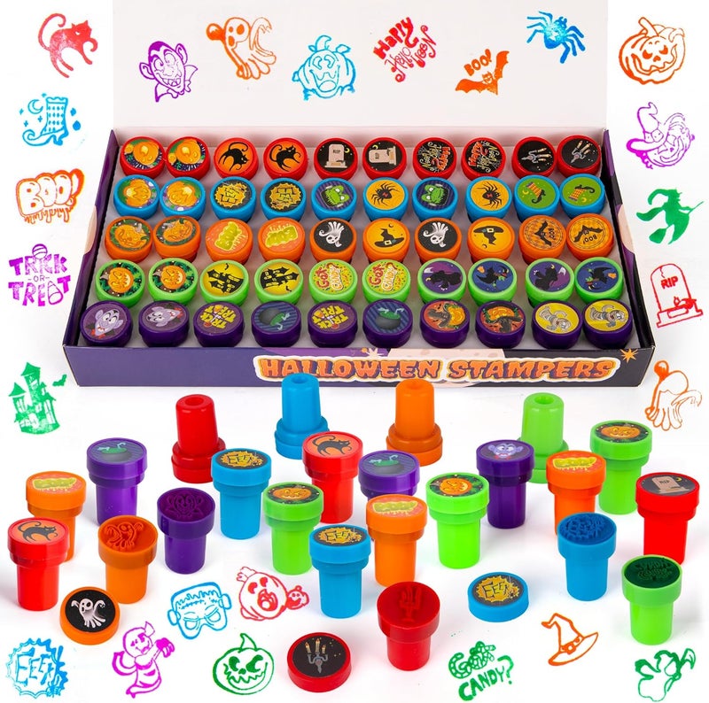 Art Creativity Halloween Stampers - Set of 50 - Kids & Adults Self Inking Spooky Stamps - Trick or Treat Stamp Designs for Halloween-Themed Party Decoration - Includes Ghost, Pumpkin, Witch, and More - Image 1