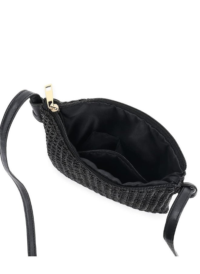Straw Crossbody Beach Bag, Summer Beach Shoulder Bags, Boho Woven Clutch Bag, Suitable for Beach Vacation Party (Black)  - Image 5