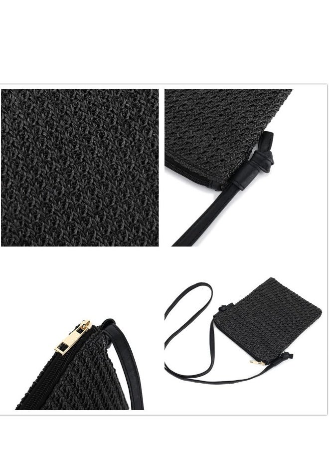 Straw Crossbody Beach Bag, Summer Beach Shoulder Bags, Boho Woven Clutch Bag, Suitable for Beach Vacation Party (Black)  - Image 4