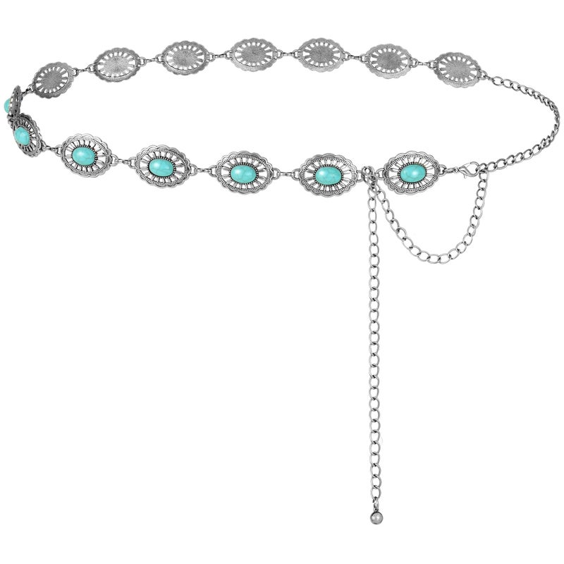 FIORETTO Concho Turquoise Chain Belt for Women, Metal Western Cowboy Cowgirl Waist Chain, Boho Country Style Belt for Dress & Jeans, Silver, Length 45inch - Image 1