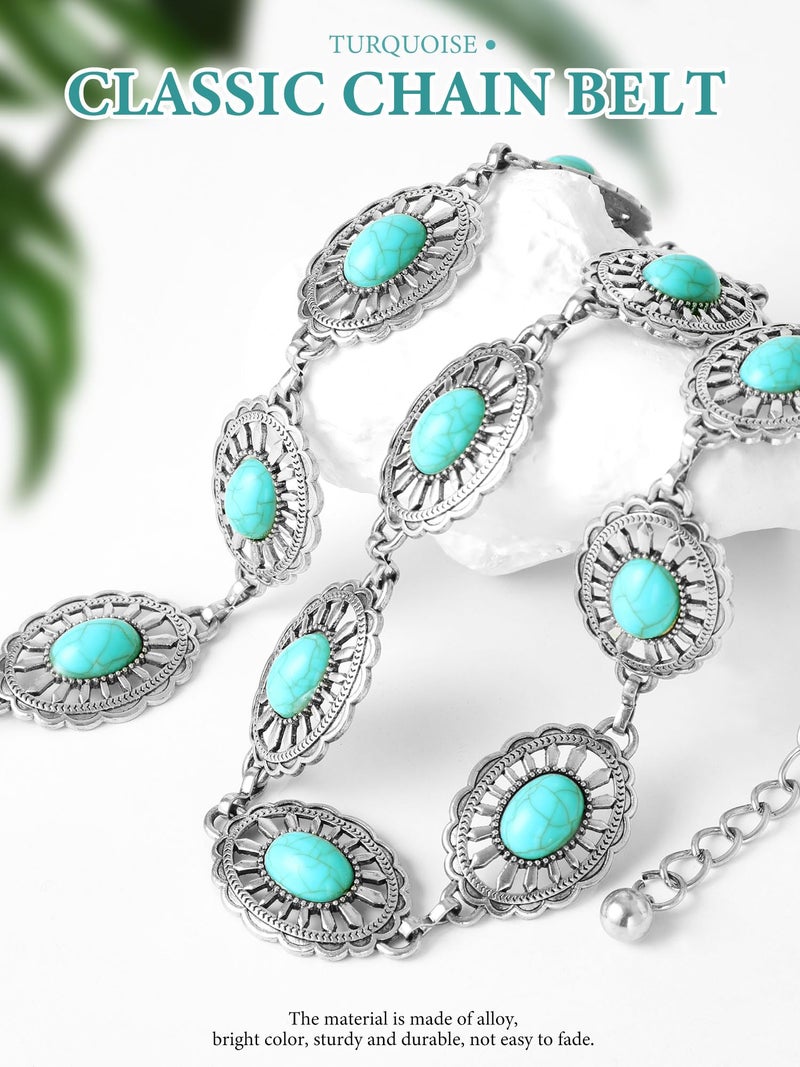 FIORETTO Concho Turquoise Chain Belt for Women, Metal Western Cowboy Cowgirl Waist Chain, Boho Country Style Belt for Dress & Jeans, Silver, Length 45inch - Image 3