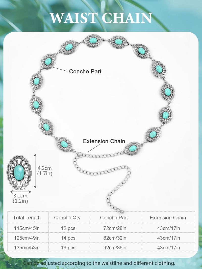 FIORETTO Concho Turquoise Chain Belt for Women, Metal Western Cowboy Cowgirl Waist Chain, Boho Country Style Belt for Dress & Jeans, Silver, Length 45inch - Image 5