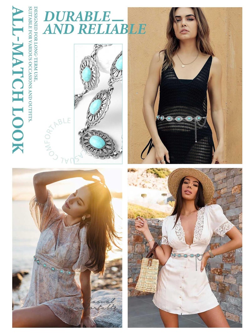 FIORETTO Concho Turquoise Chain Belt for Women, Metal Western Cowboy Cowgirl Waist Chain, Boho Country Style Belt for Dress & Jeans, Silver, Length 45inch - Image 4