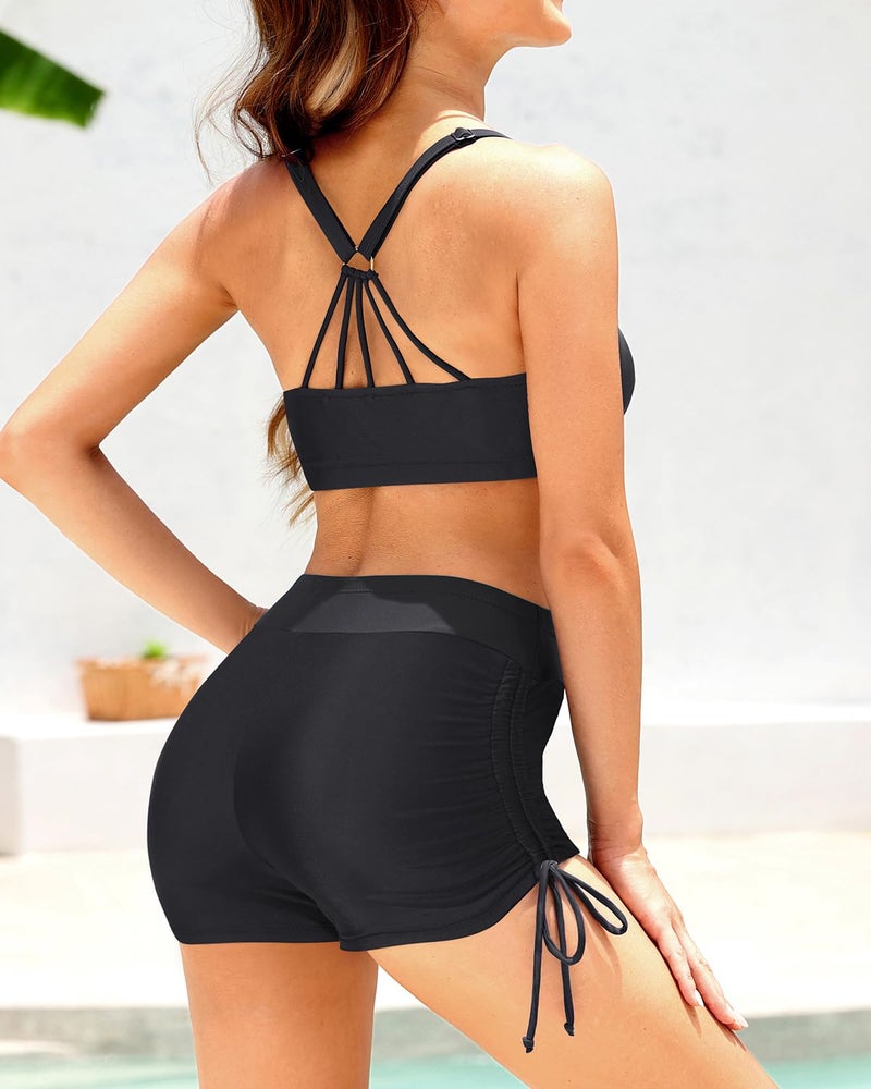 Yonique 3 Piece Womens Tankini Swimsuits with Shorts Athletic Bathing Suits Tank Tops with Bra and Boyshorts Red Floral M - Image 4