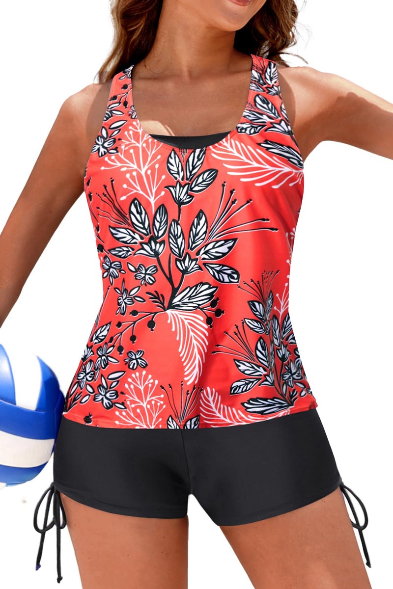 Yonique 3 Piece Womens Tankini Swimsuits with Shorts Athletic Bathing Suits Tank Tops with Bra and Boyshorts Red Floral M - Image 1