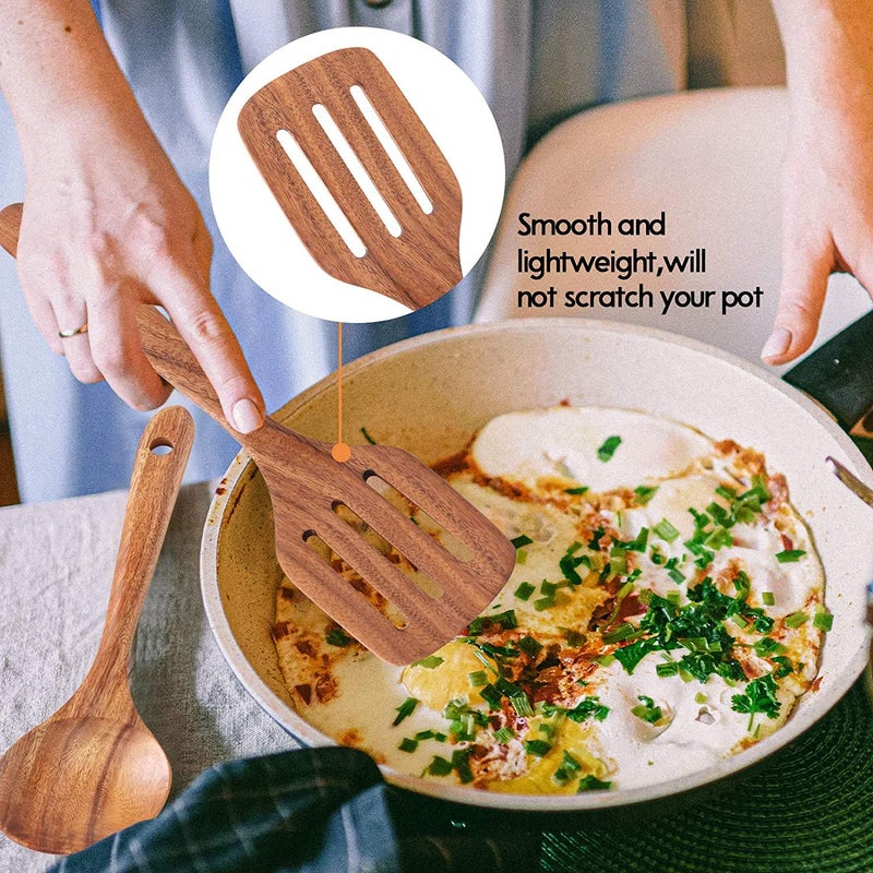 Rolimolis Wooden Kitchen Utensils Set 6 PCs Natural Acacia Wooden Cooking Spurtle Set for NonStick Pan Kitchen Tool Cooking Ladle and Wok Spatulas Wooden Spoons for Cooking - Image 5