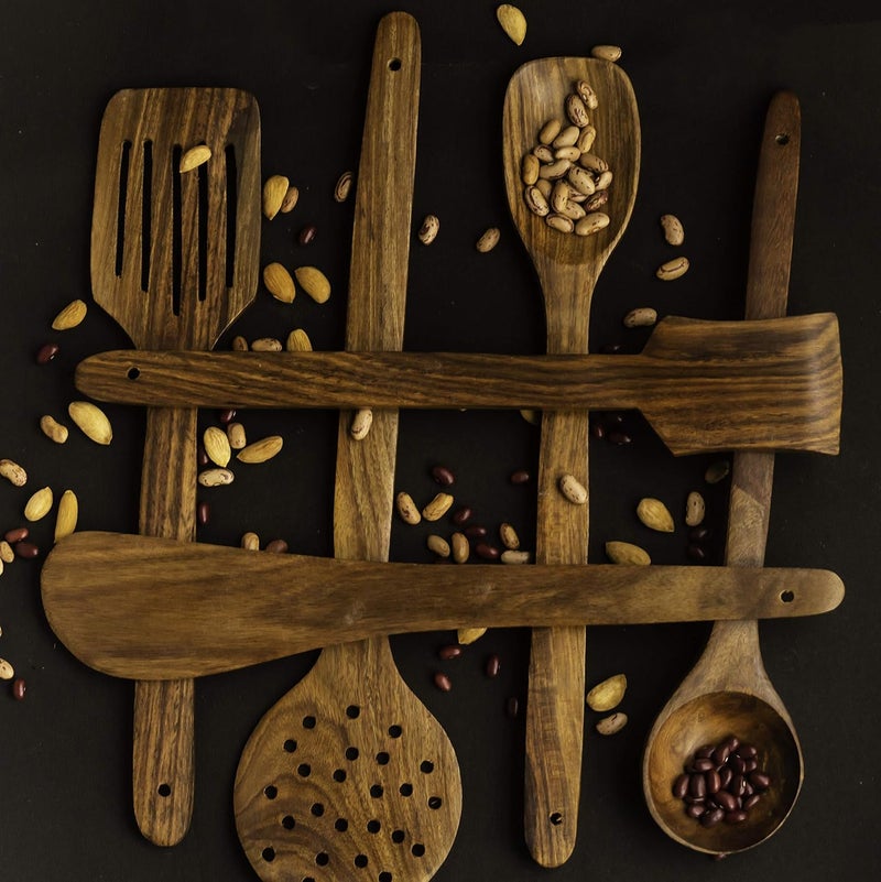 Rolimolis Wooden Kitchen Utensils Set 6 PCs Natural Acacia Wooden Cooking Spurtle Set for NonStick Pan Kitchen Tool Cooking Ladle and Wok Spatulas Wooden Spoons for Cooking - Image 1
