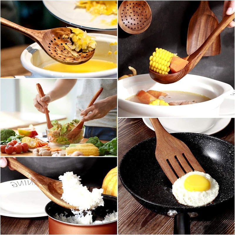 Rolimolis Wooden Kitchen Utensils Set 6 PCs Natural Acacia Wooden Cooking Spurtle Set for NonStick Pan Kitchen Tool Cooking Ladle and Wok Spatulas Wooden Spoons for Cooking - Image 2
