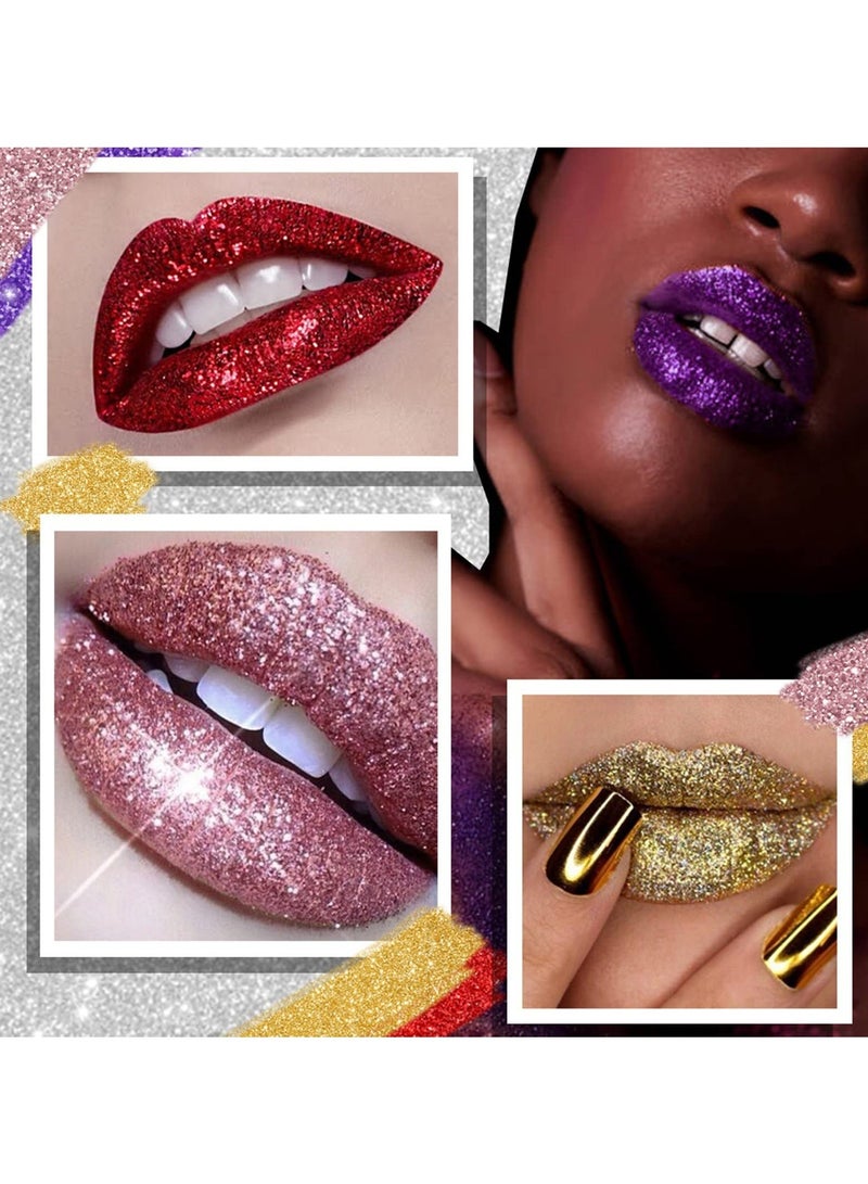 4 Colors Glitter Lip Kit, Metallic Shimmer Glitter Powder for Lip Gloss Making, Waterproof Long-lasting Glitter Lip Powder Kit with Lip Primer and Brush Set for Lips Nails Art - Image 3