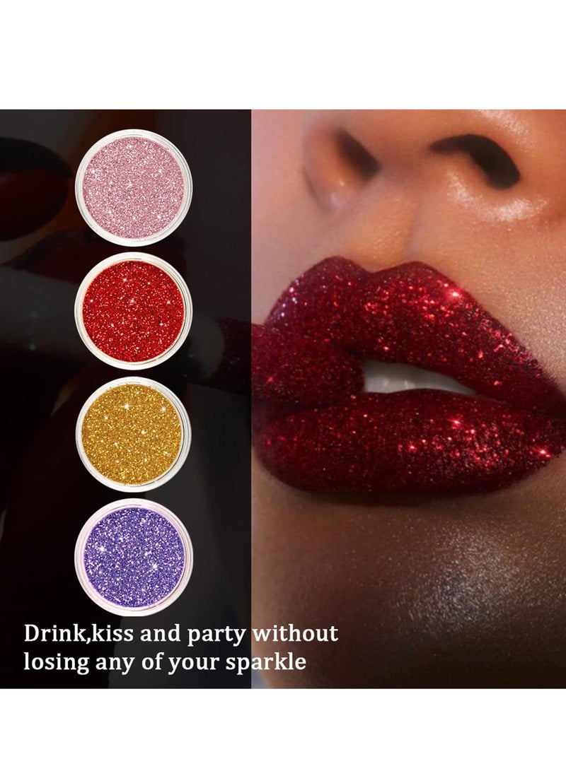 4 Colors Glitter Lip Kit, Metallic Shimmer Glitter Powder for Lip Gloss Making, Waterproof Long-lasting Glitter Lip Powder Kit with Lip Primer and Brush Set for Lips Nails Art - Image 2