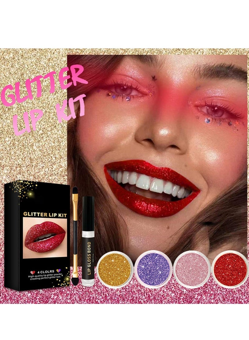 4 Colors Glitter Lip Kit, Metallic Shimmer Glitter Powder for Lip Gloss Making, Waterproof Long-lasting Glitter Lip Powder Kit with Lip Primer and Brush Set for Lips Nails Art - Image 4