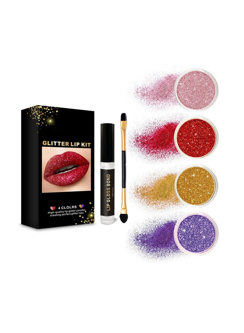 4 Colors Glitter Lip Kit, Metallic Shimmer Glitter Powder for Lip Gloss Making, Waterproof Long-lasting Glitter Lip Powder Kit with Lip Primer and Brush Set for Lips Nails Art - Image 1