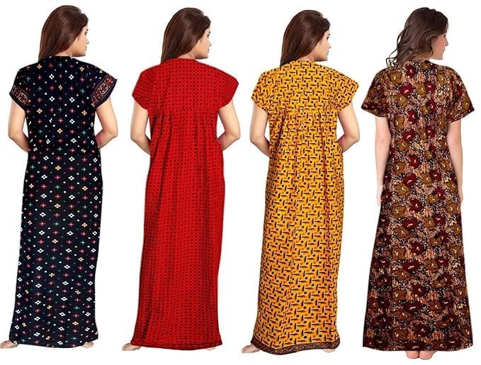 Vlazom Women's Cotton Nightgown – Pack of 4 Printed Maxi Nighties | Ankle Length Night Dress | Free Size Sleepwear (Option-19, Free Size) - Image 3
