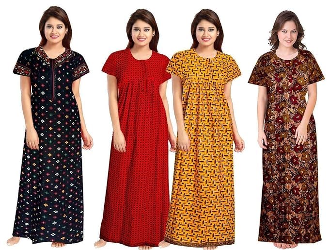 Vlazom Women's Cotton Nightgown – Pack of 4 Printed Maxi Nighties | Ankle Length Night Dress | Free Size Sleepwear (Option-19, Free Size) - Image 1