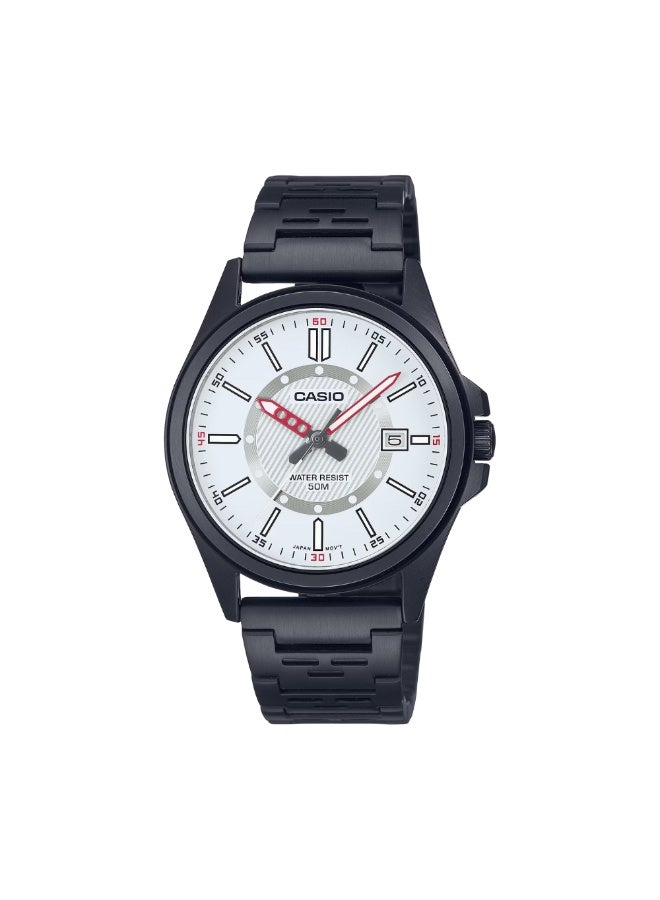 Casio Vintage Men’s Analog Watch MTP-E700B-7EVDF, Black Stainless Steel Band, White Dial, 50M Water Resistant - Image 1