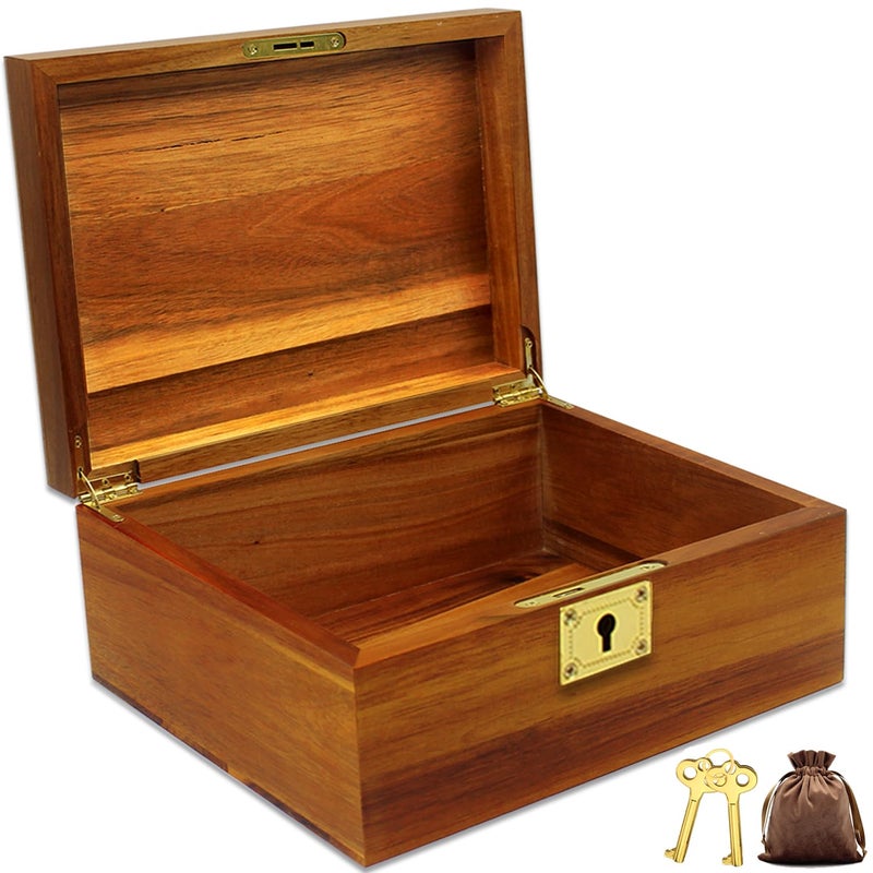 WELITTCON Wooden Box Decorative Large Acacia Wooden Storage Box with Hinged Lid and Locking Key Premium Keepsake Stash Box Lockable Chest for Keepsakes, Valuables, Accessories, Treasured Items(Lock No Grid) - Image 1