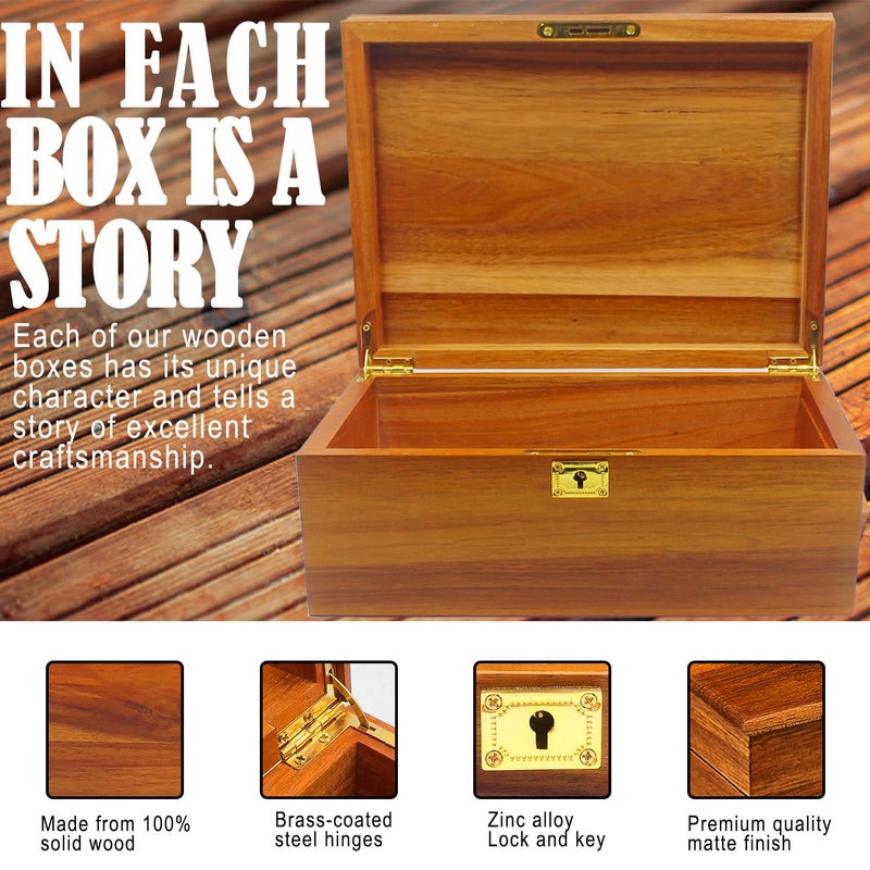 WELITTCON Wooden Box Decorative Large Acacia Wooden Storage Box with Hinged Lid and Locking Key Premium Keepsake Stash Box Lockable Chest for Keepsakes, Valuables, Accessories, Treasured Items(Lock No Grid) - Image 4