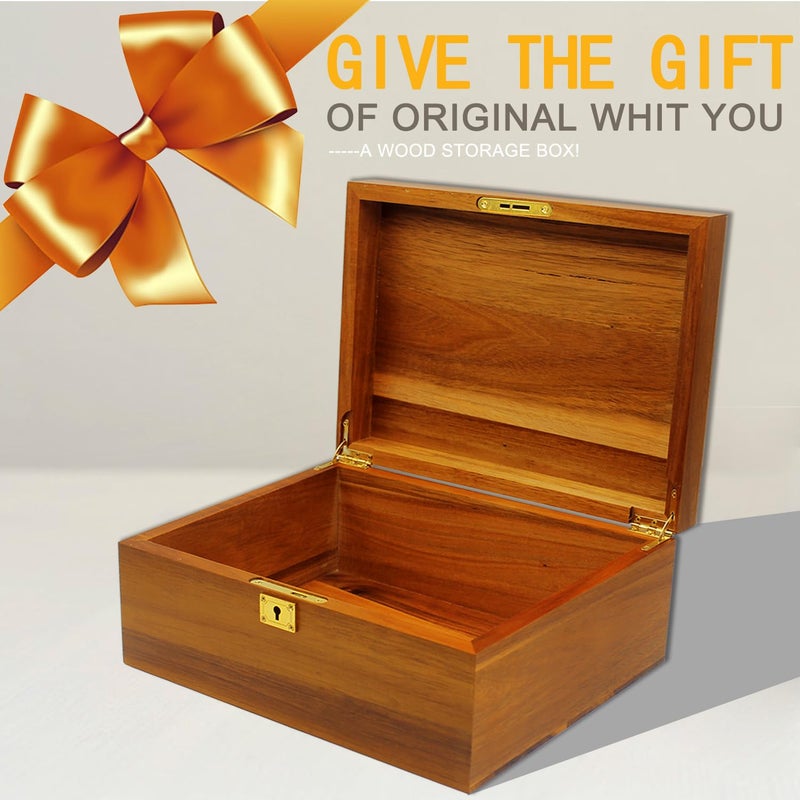 WELITTCON Wooden Box Decorative Large Acacia Wooden Storage Box with Hinged Lid and Locking Key Premium Keepsake Stash Box Lockable Chest for Keepsakes, Valuables, Accessories, Treasured Items(Lock No Grid) - Image 2