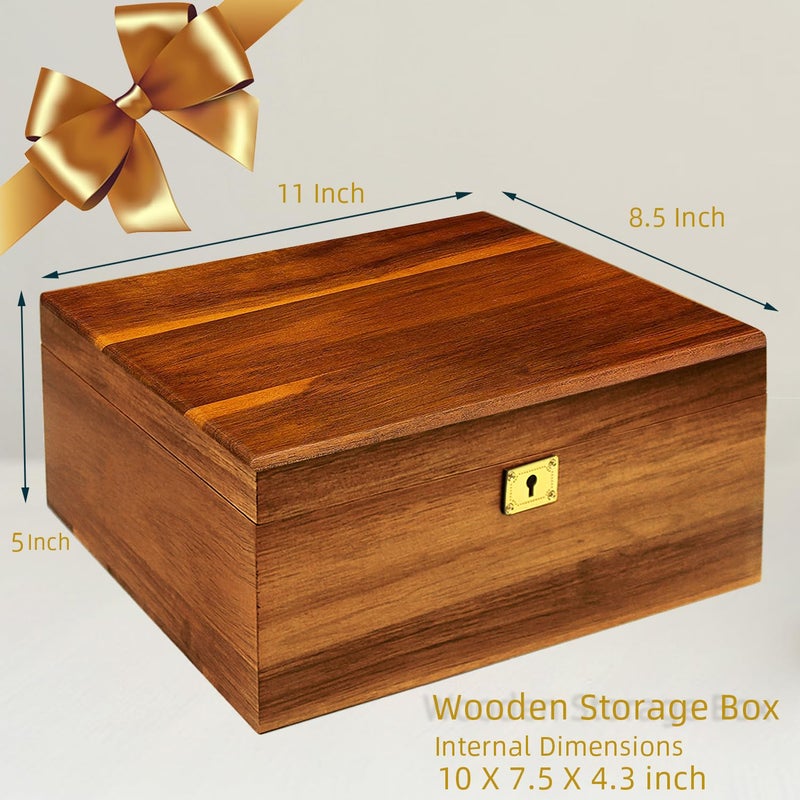 WELITTCON Wooden Box Decorative Large Acacia Wooden Storage Box with Hinged Lid and Locking Key Premium Keepsake Stash Box Lockable Chest for Keepsakes, Valuables, Accessories, Treasured Items(Lock No Grid) - Image 5