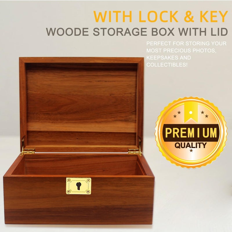 WELITTCON Wooden Box Decorative Large Acacia Wooden Storage Box with Hinged Lid and Locking Key Premium Keepsake Stash Box Lockable Chest for Keepsakes, Valuables, Accessories, Treasured Items(Lock No Grid) - Image 3